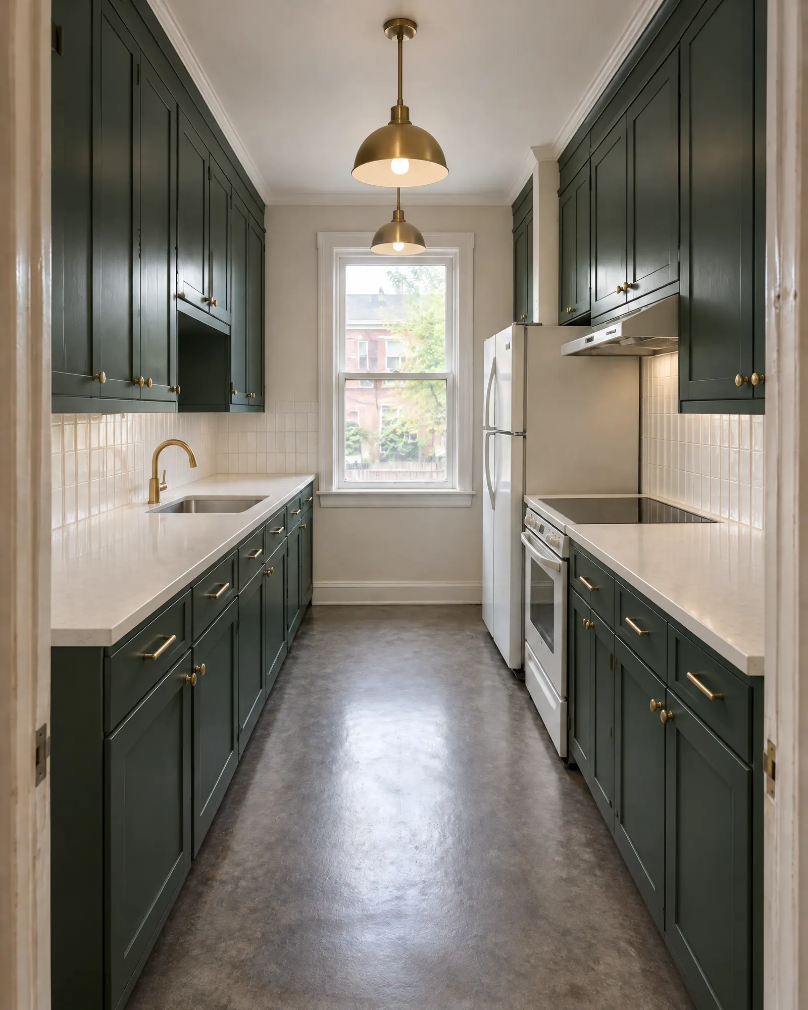 Galley kitchen from the doorway, before and after cabinet refinishing (after)