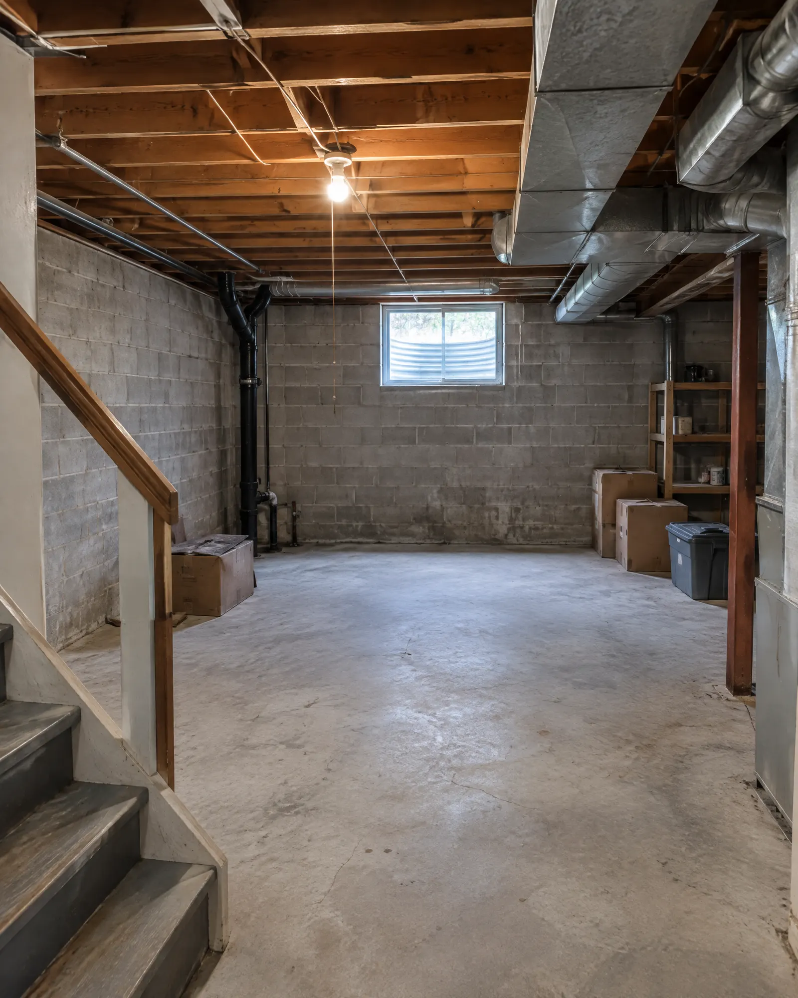 Basement from the bottom of the stairs, bare concrete before and finished family room after (before)