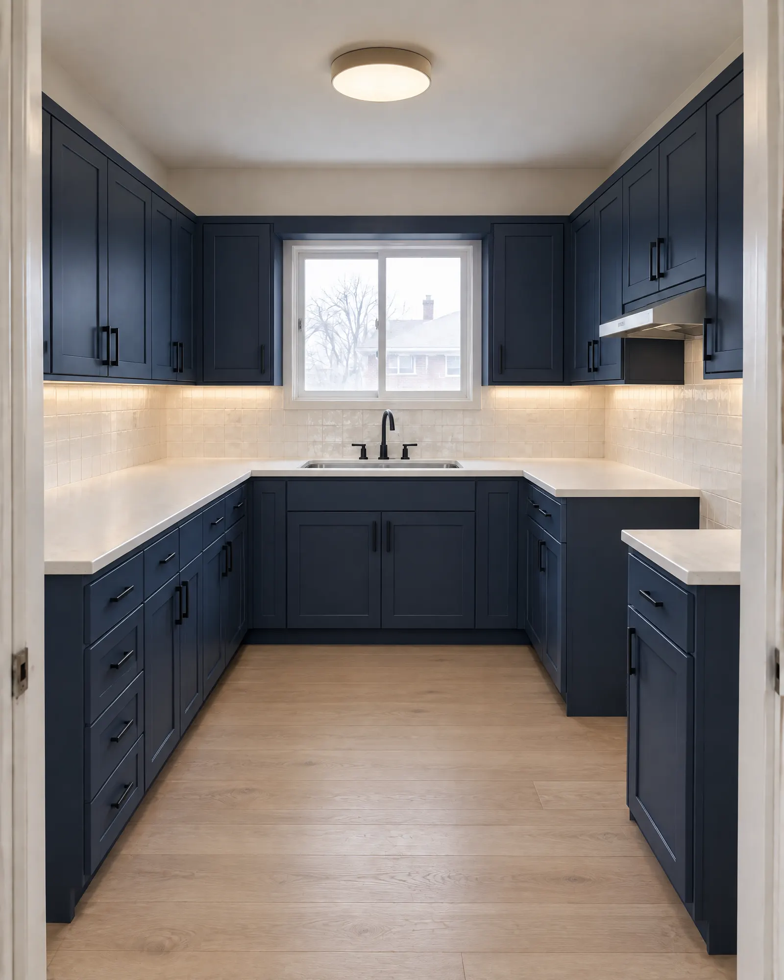 The same kitchen after renovation: navy cabinet doors, quartz counter, tile backsplash
