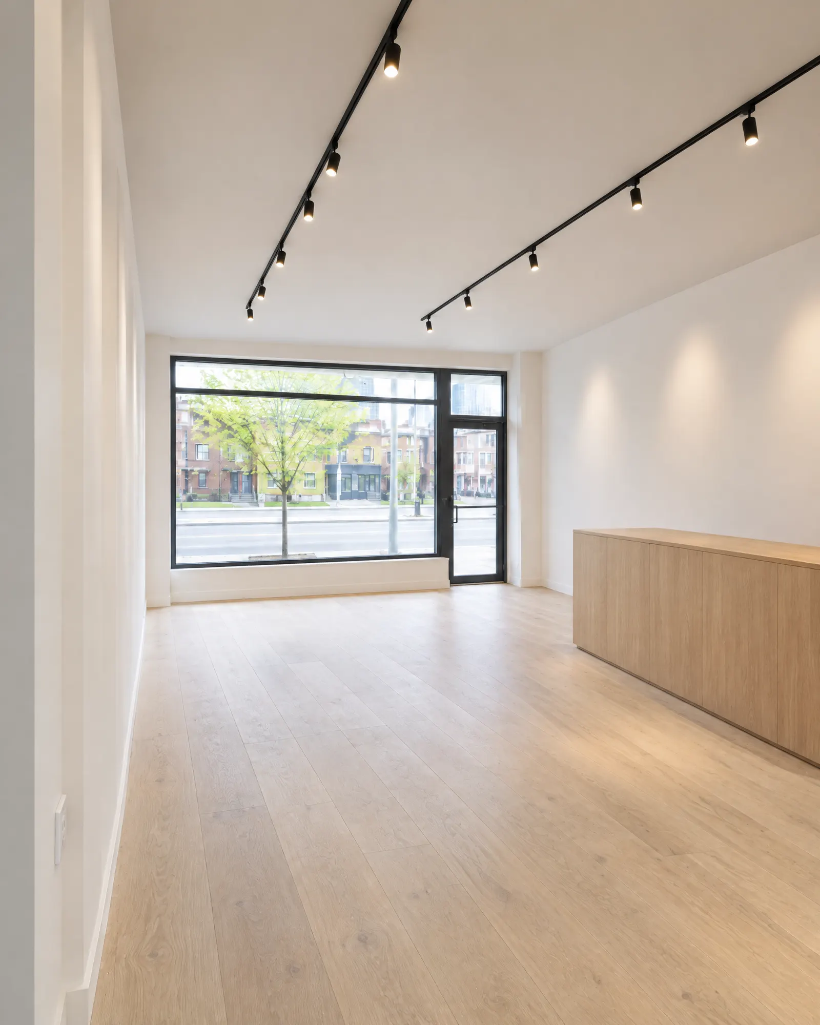 The same unit finished as a shop interior: painted walls, wood counter, track lighting